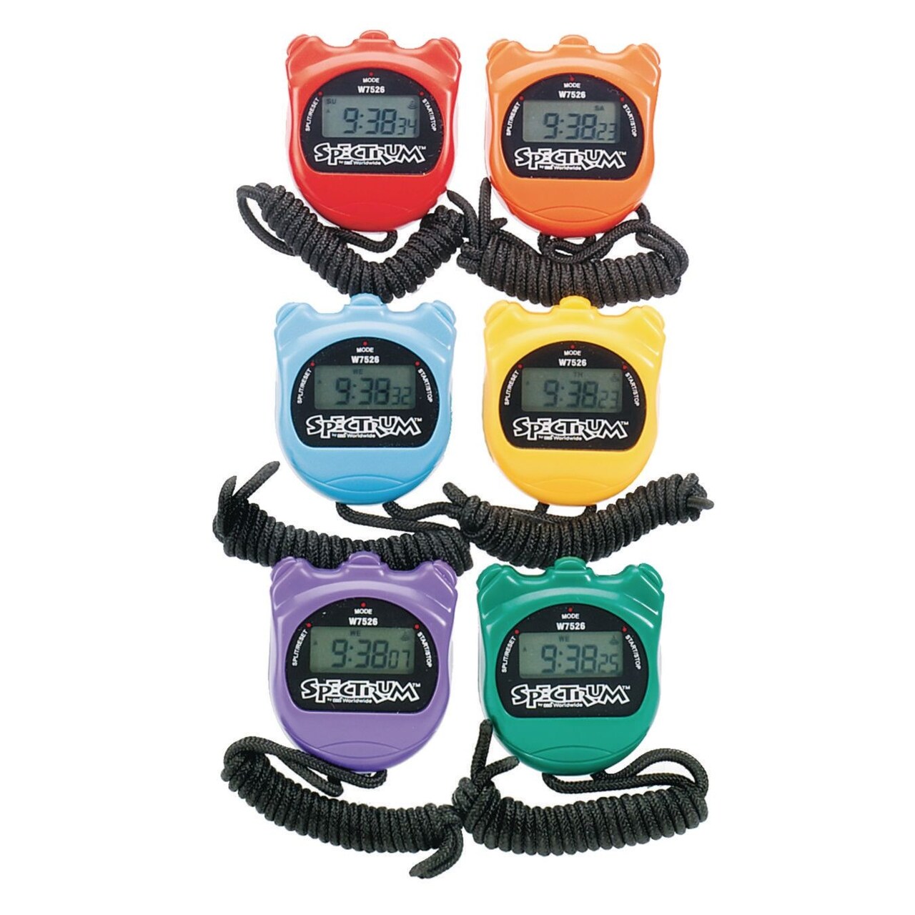 S&S Worldwide Set of 6 Stopwatches with Lanyards. 6 Different Colored 3 Button Count Up Stopwatches. Records and Displays Elapsed Time and Cumulative Splits up to 24 Hours.
